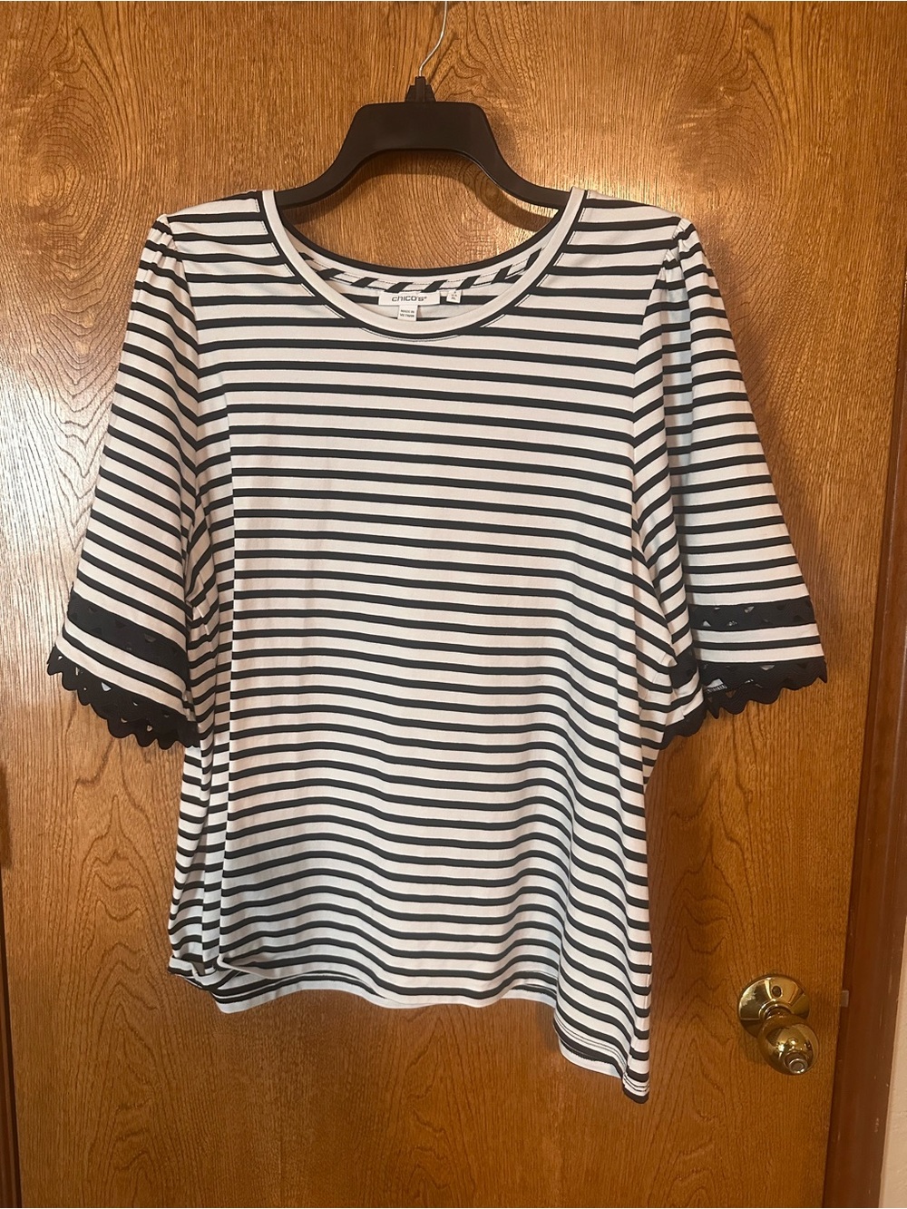 Chico’s Black & White Striped Lace-Trim Tee